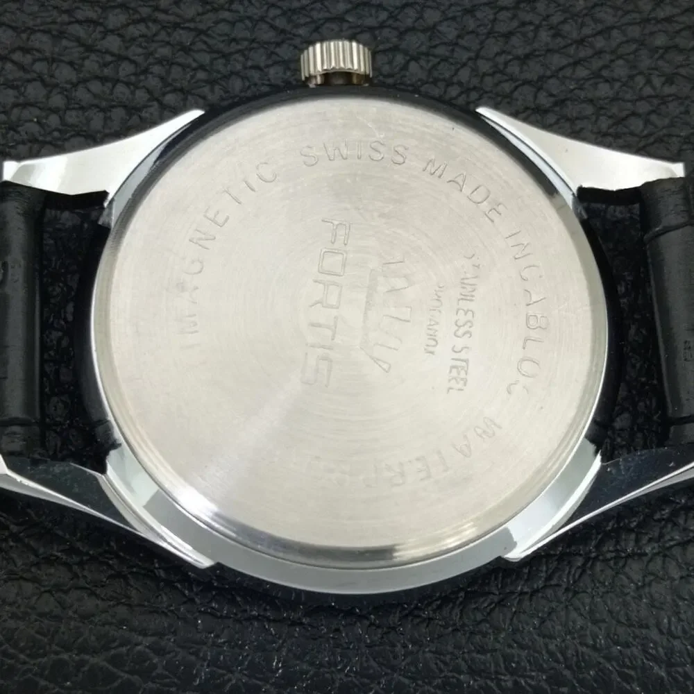 Vintage 1975 Fortis Manual Mens Silver Watch W/Leather Strap & Green accents
